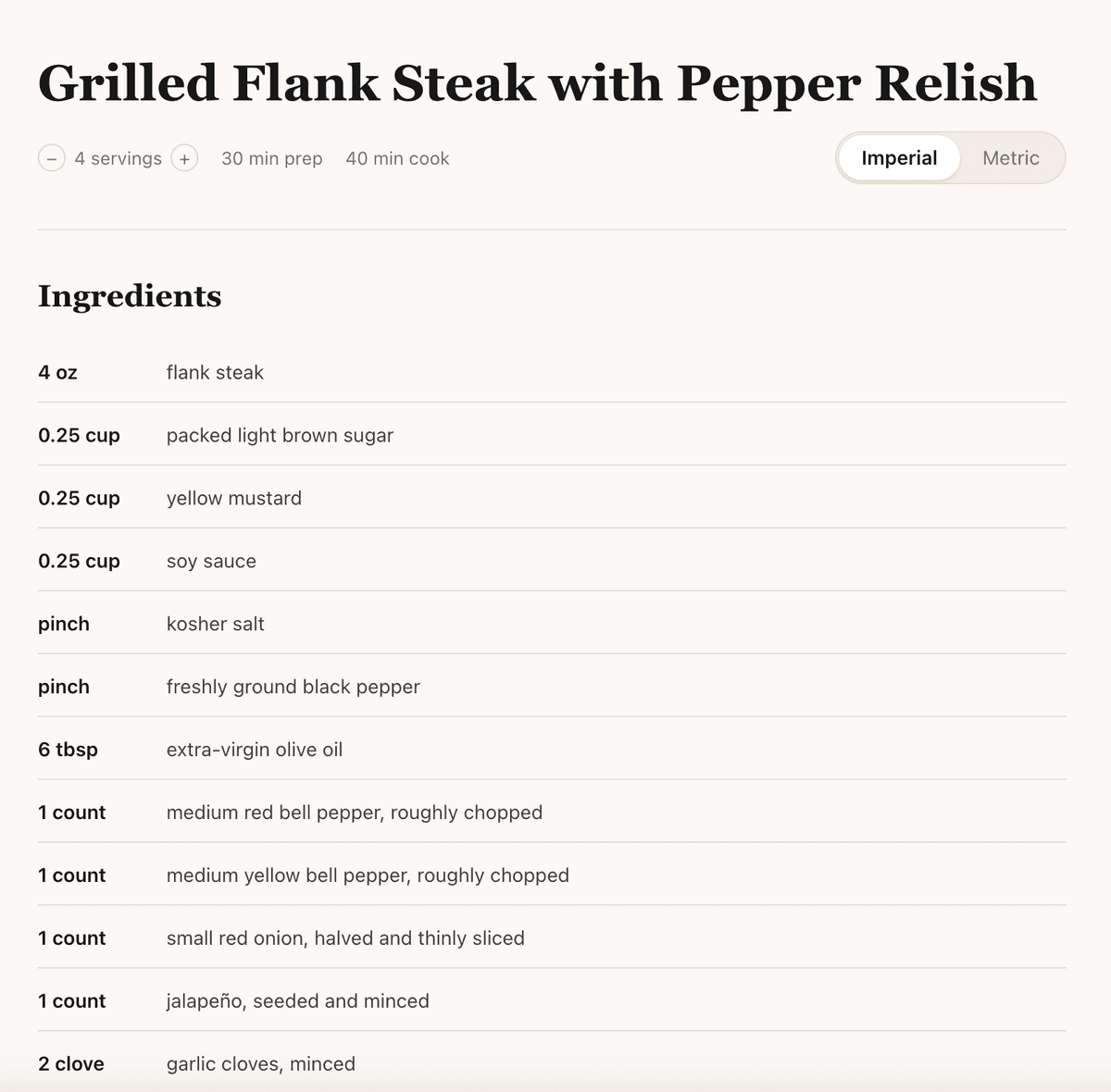 The imported recipe — ingredients and steps